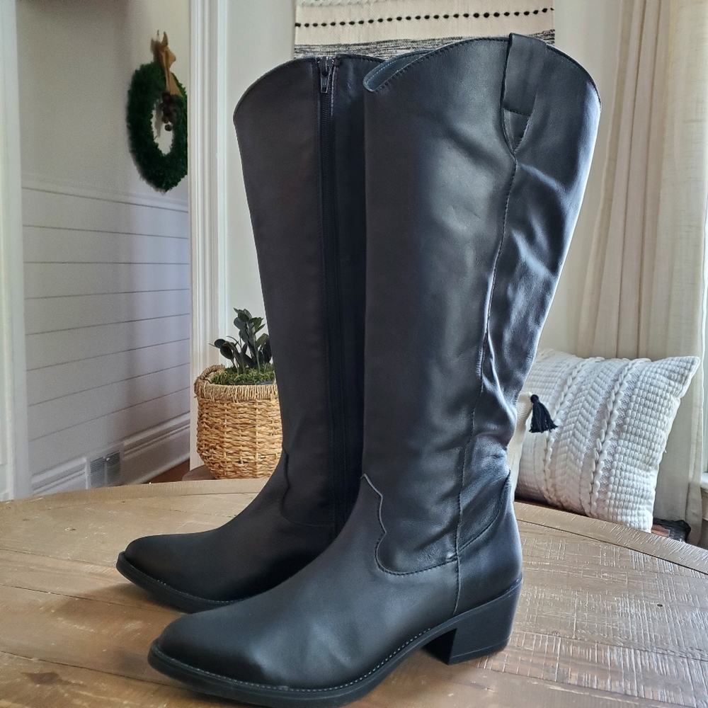 Enzo Tesoti Black Leather Pointy Toe High Zip Shaft  Heel Boots Made In …